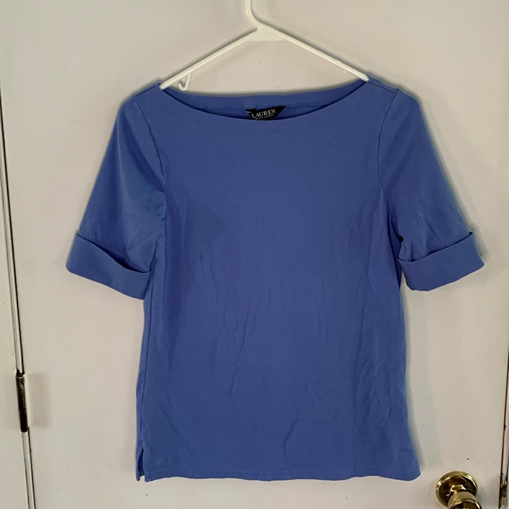 Ralph Lauren Black Label cerulean blue short sleeve knit top with cuffed sleeve